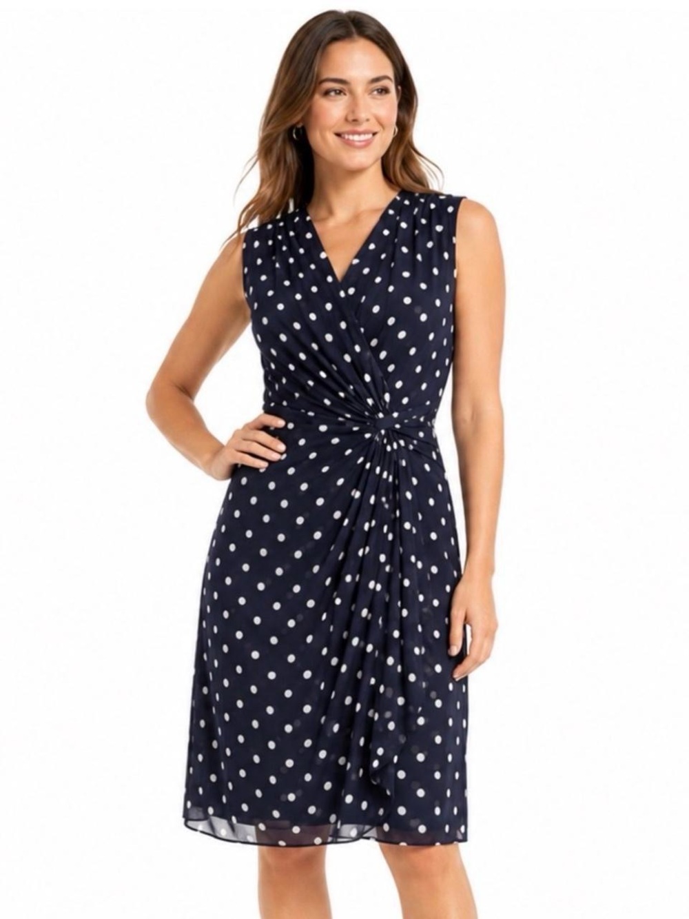 Lauren Ralph Lauren Navy Polka Dot Faux Wrap Sleeveless Classy Dress Sz 6